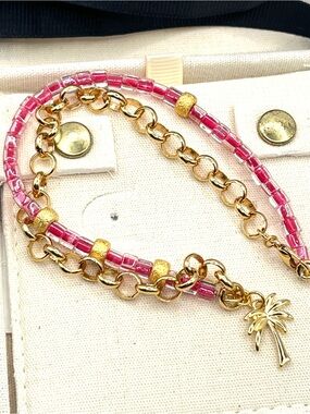 Mayamar New Double Bracelet 24K Gold-Plated Chain and Pink Bead Palm Tree